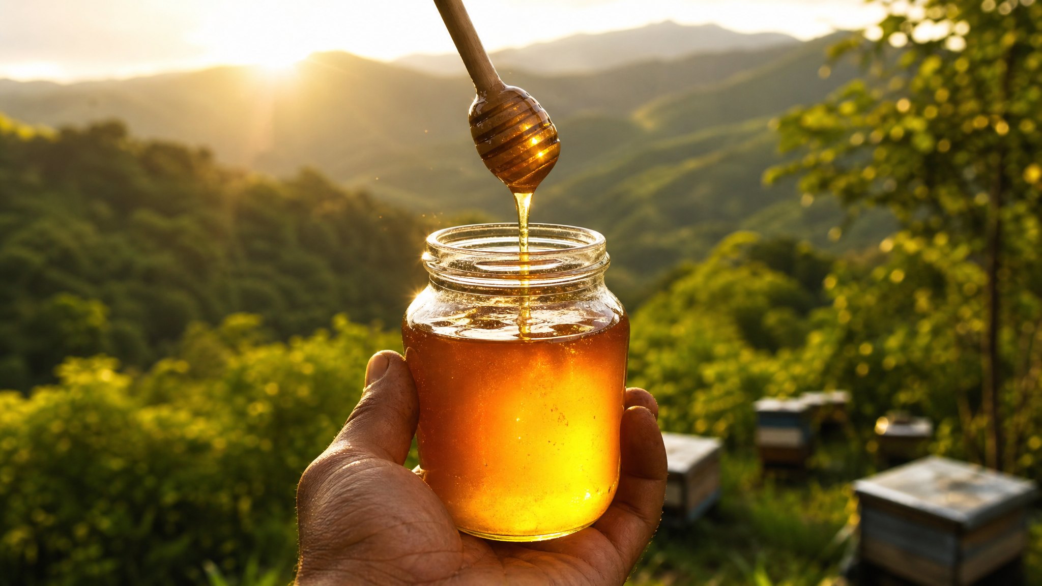 Frasco de miel dorada a contraluz con los cerros de Quillabamba
