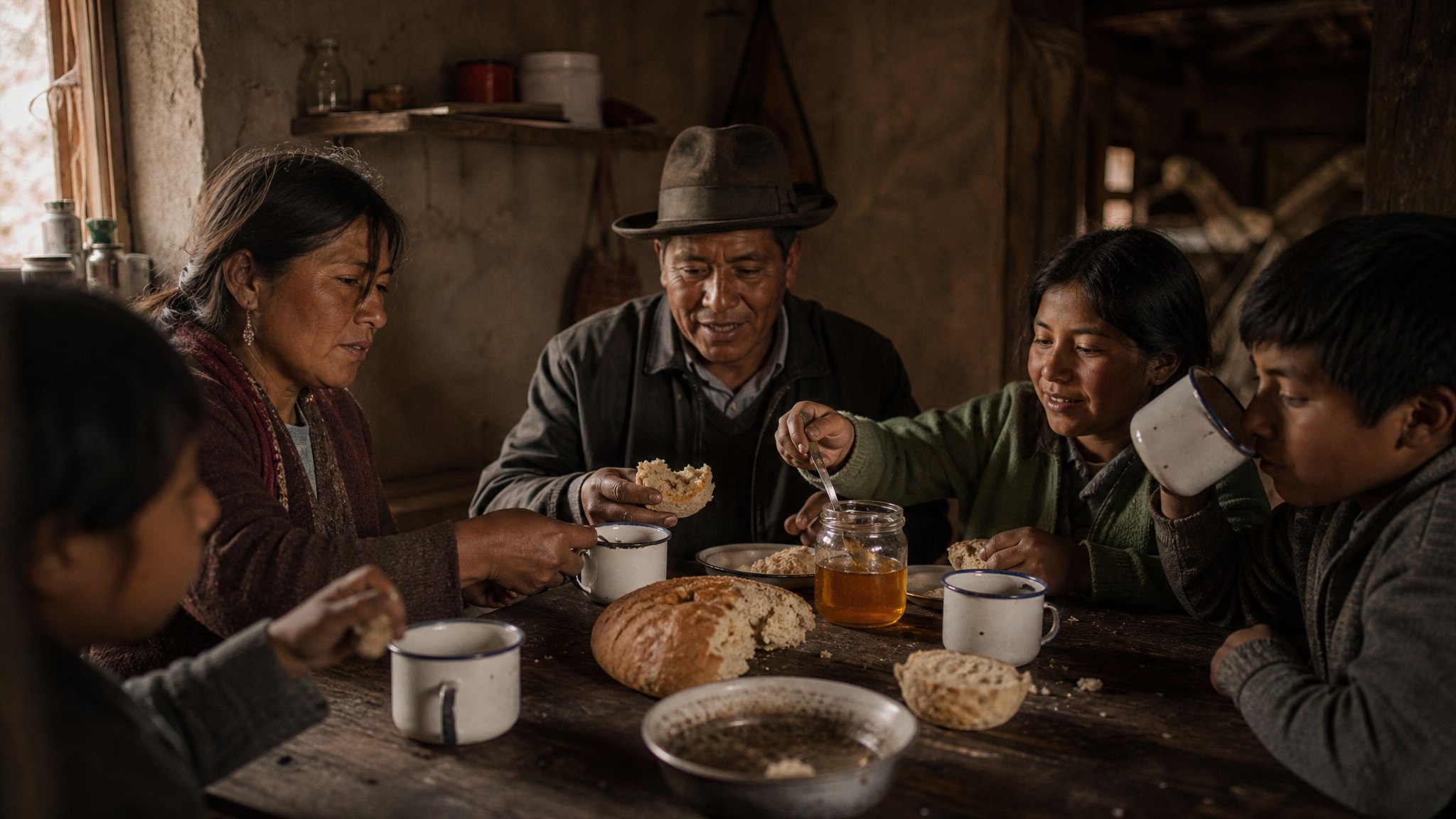Familia quillabambina compartiendo pan con miel y café